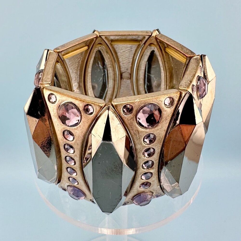 Vintage Bracelet Silver Tone Metal Stretch Purple Rhinestone Retro Galaxy Atomic